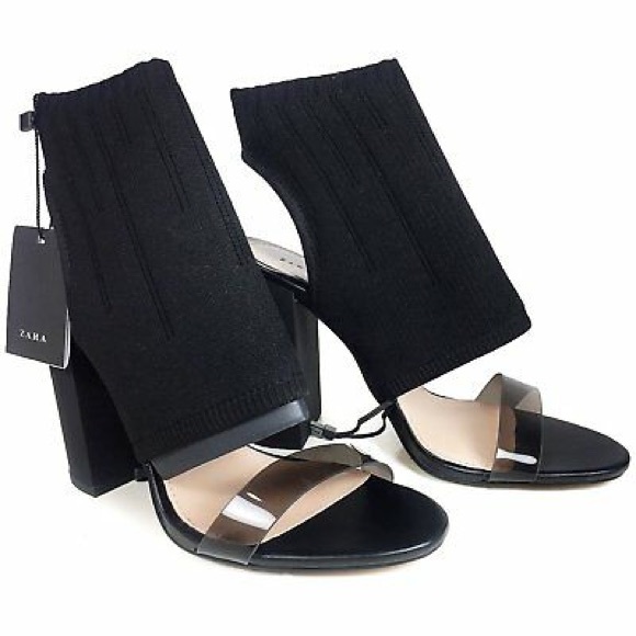 ZARA Black Peep Toe Chunky Heel Sandals - NEW - Picture 3 of 7